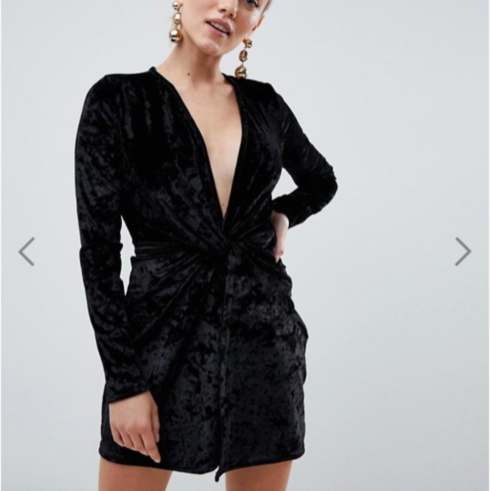 Missguided velvet twist front mini dress in stretch black velvet